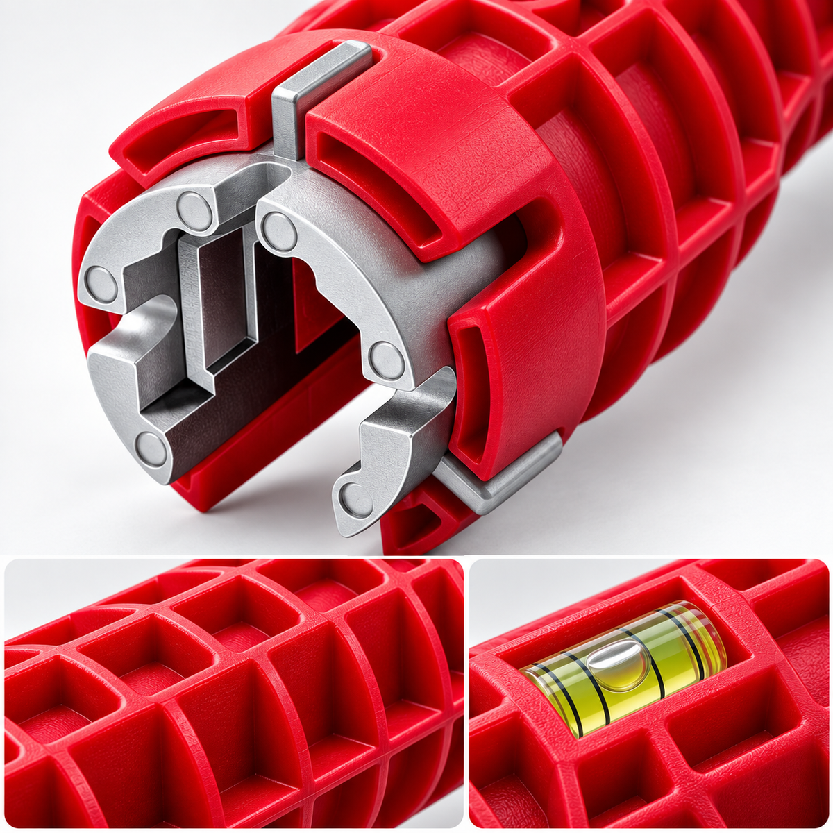 Multi-Function Faucet and Sink Installer Tool gripping head and level detail
