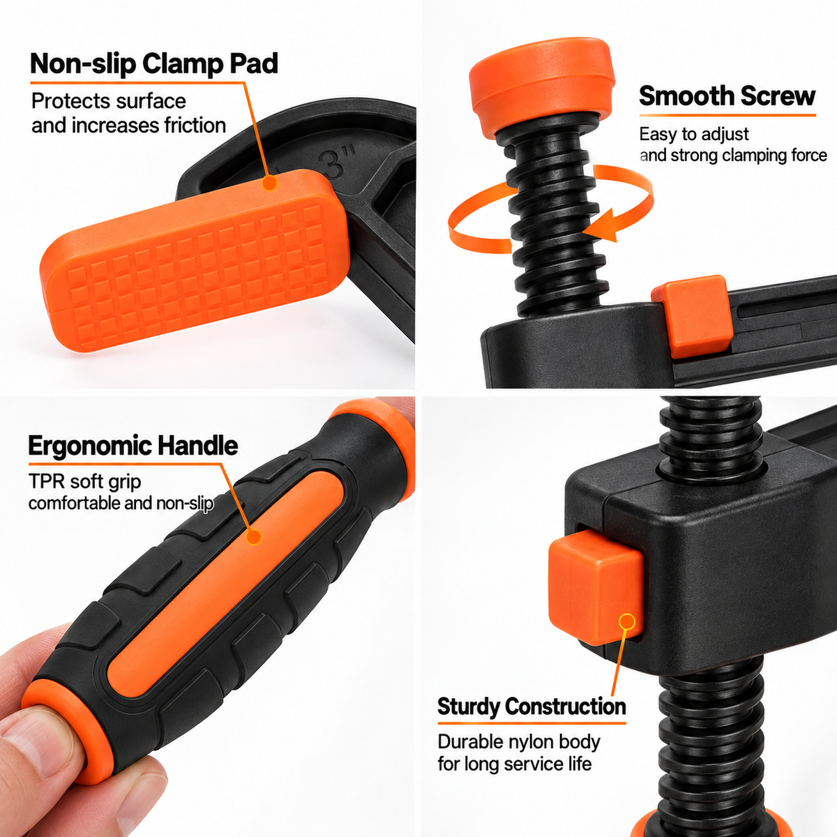3-Inch Quick-Release C-Clamp pad screw and handle details