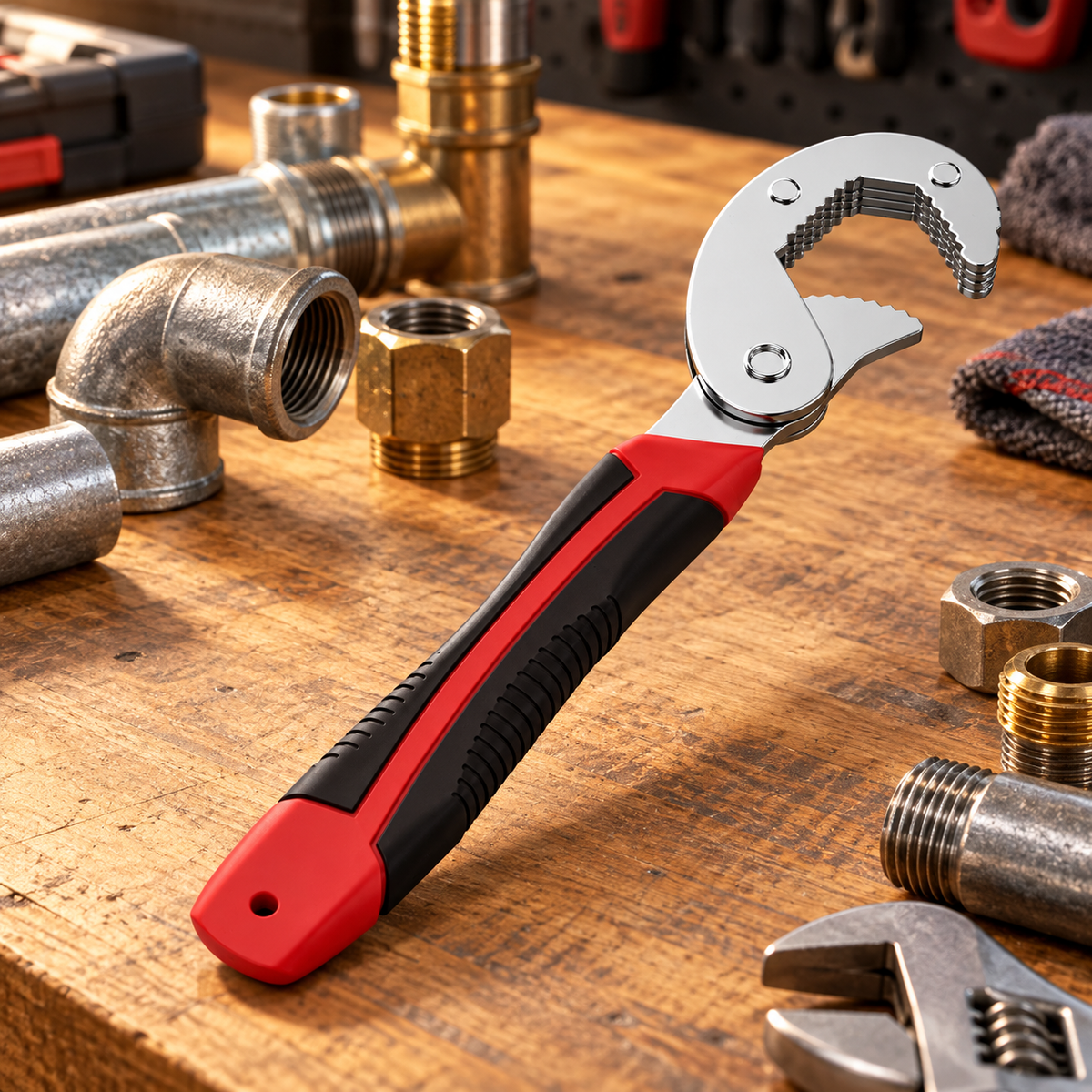 Universal Self-Adjusting Wrench workshop and plumbing scene